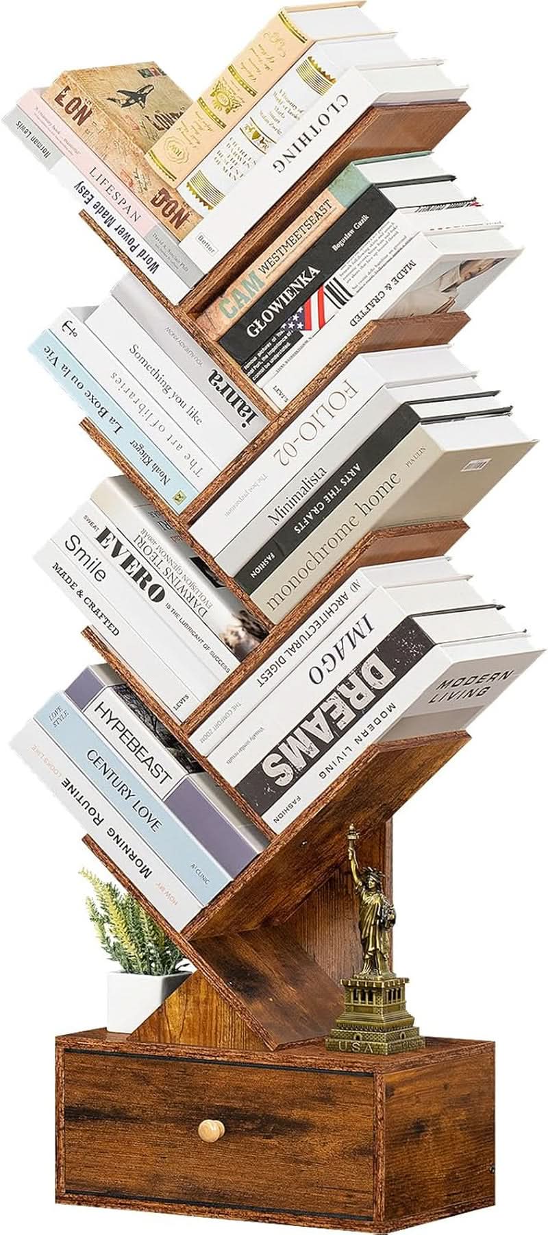 8 Tier Tree Bookshelf With Drawer Rustic Brown Wood