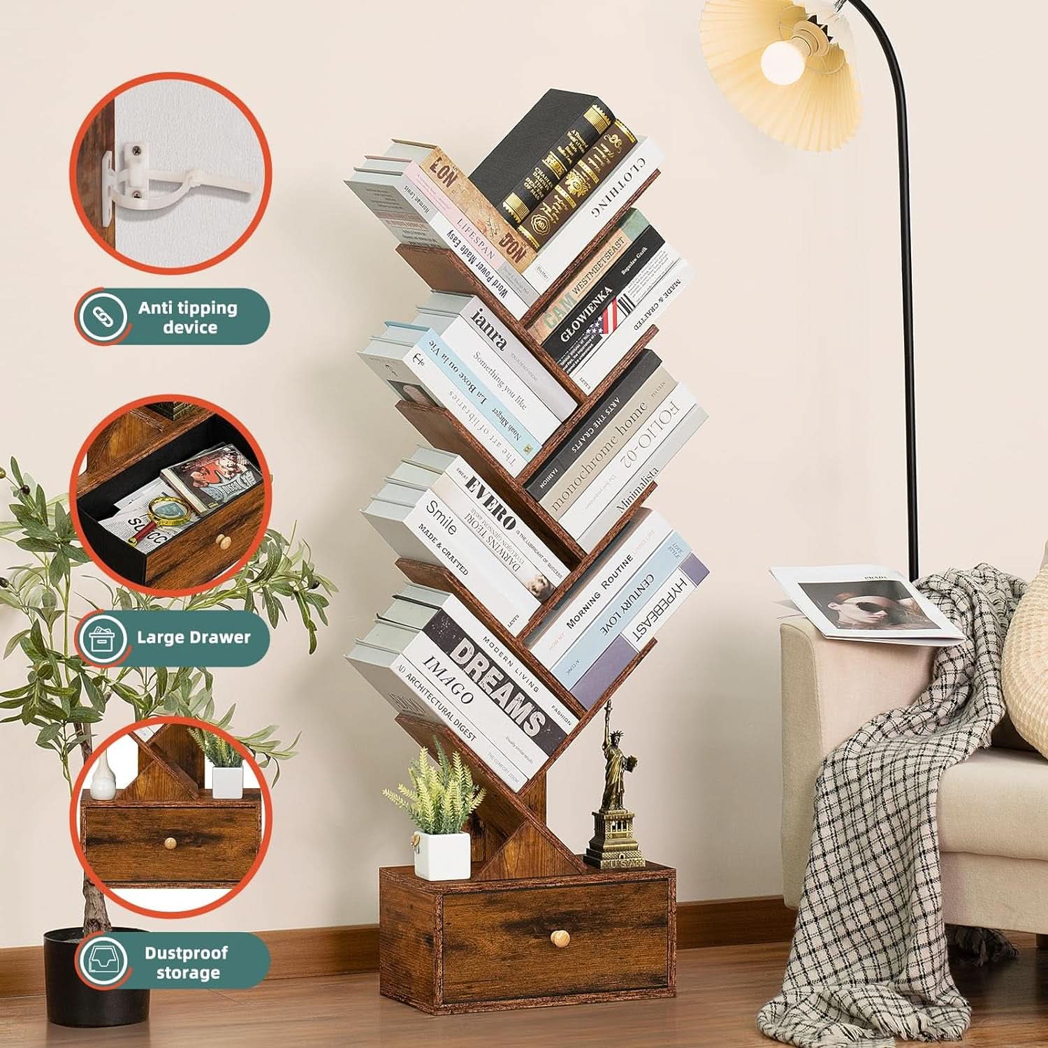8 Tier Tree Bookshelf With Drawer Rustic Brown Wood