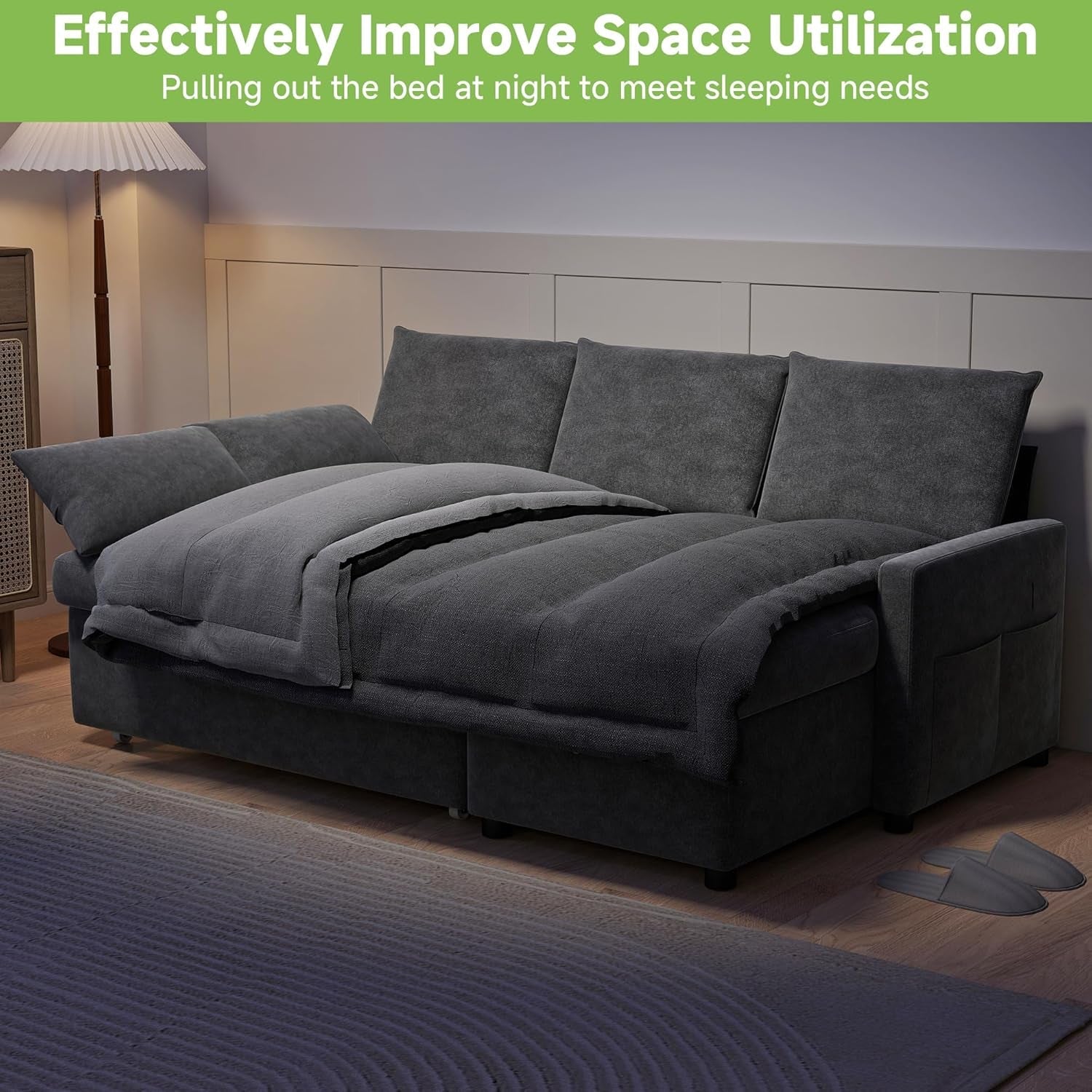 80 Inch Chenille Convertible Sleeper Sofa Storage Compartment