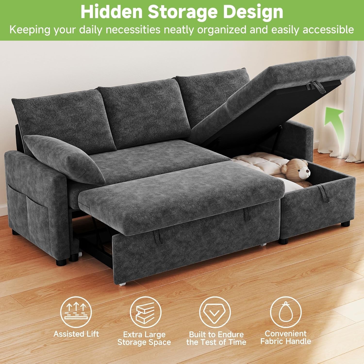 80 Inch Chenille Convertible Sleeper Sofa Storage Compartment