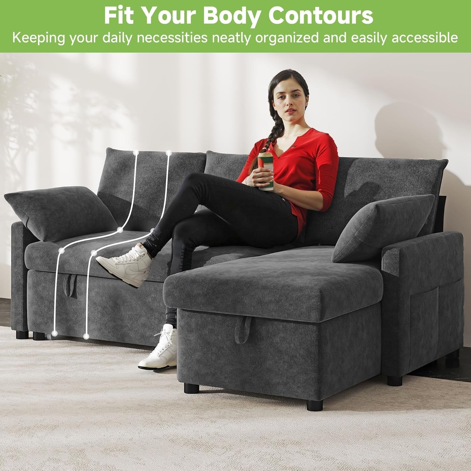 80 Inch Chenille Convertible Sleeper Sofa Storage Compartment