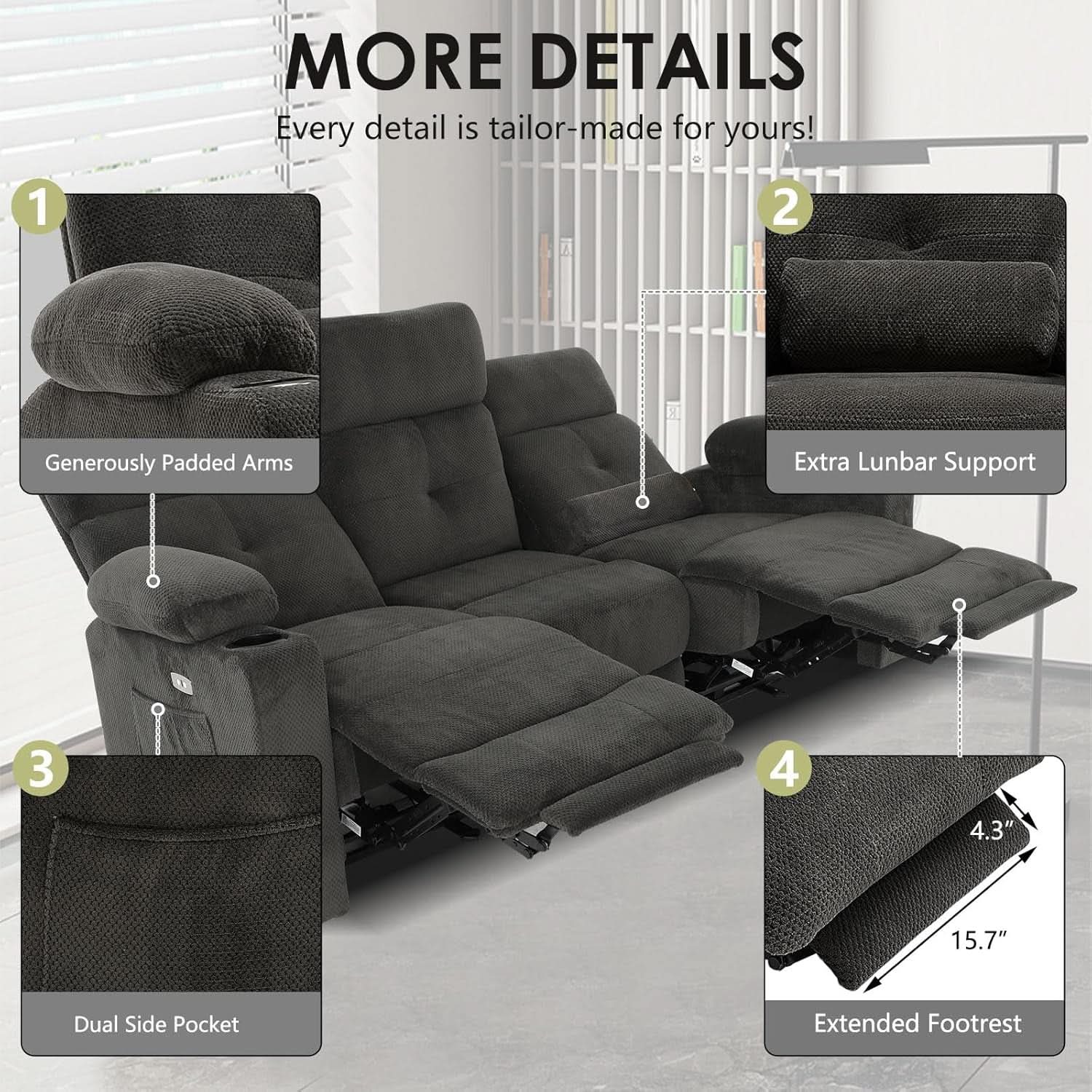 80 Inch Massage Recliner Sofa With Remote And USB Ports