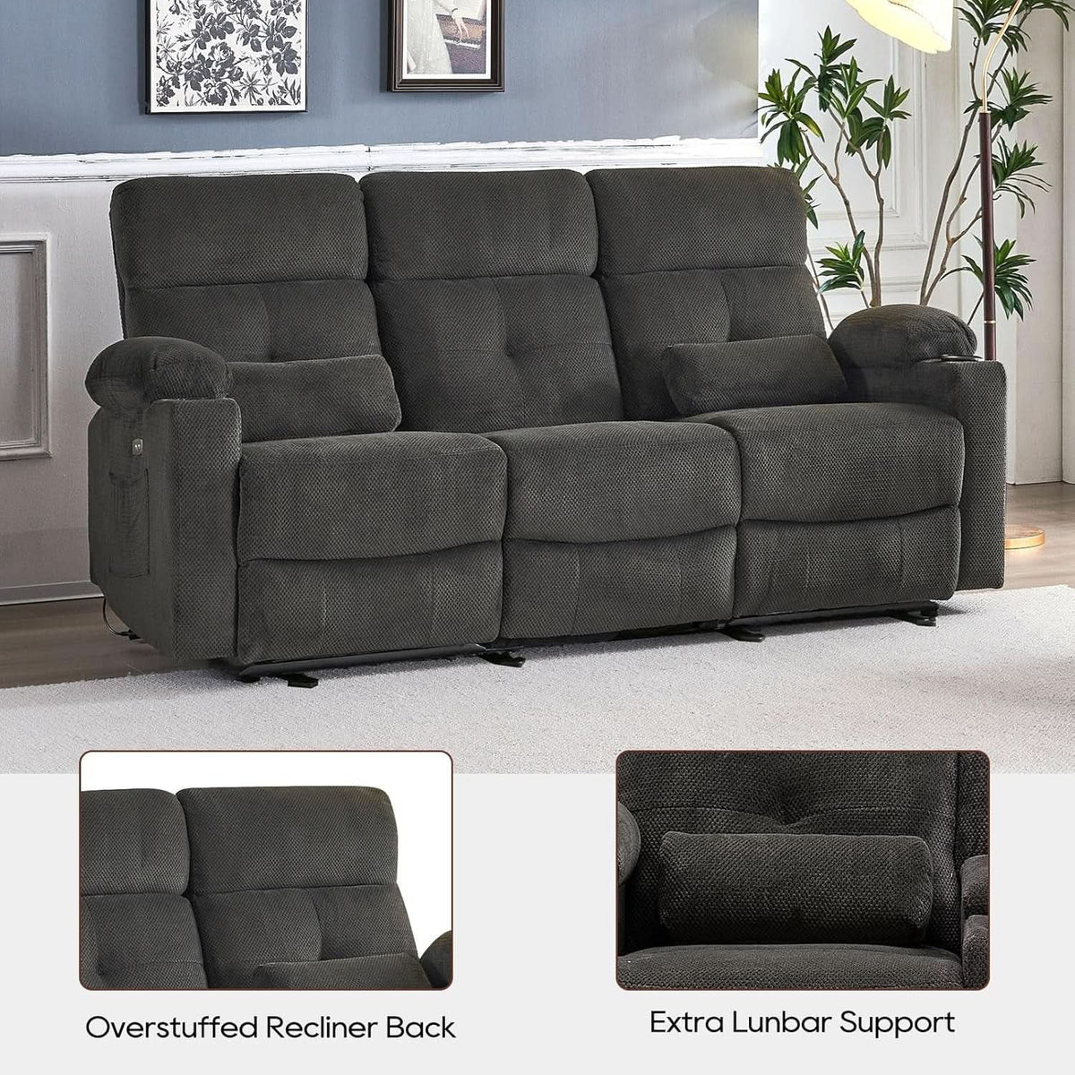 80 Inch Massage Recliner Sofa With Remote And USB Ports