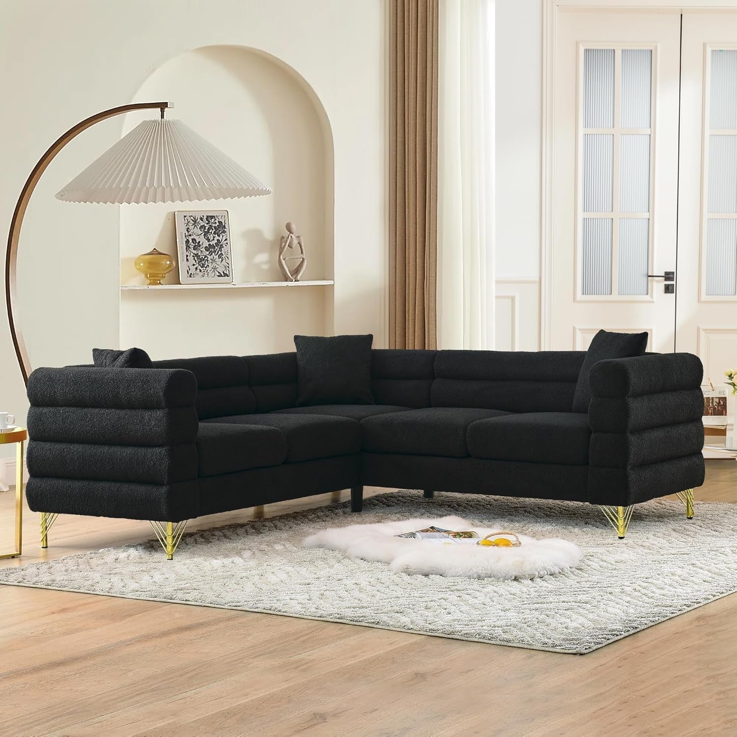 81 Inch Black Teddy Fabric Oversized Corner Sofa L Shaped