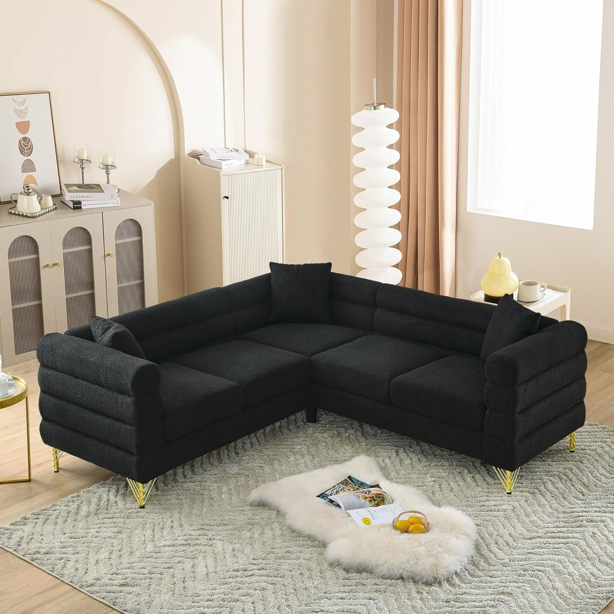 81 Inch Black Teddy Fabric Oversized Corner Sofa L Shaped