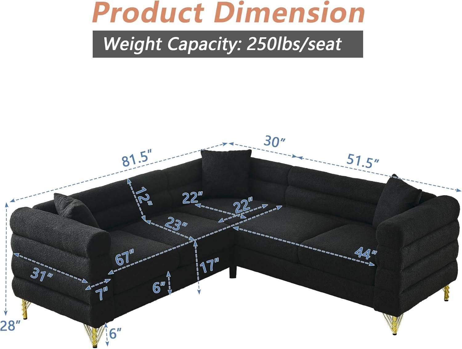 81 Inch Black Teddy Fabric Oversized Corner Sofa L Shaped