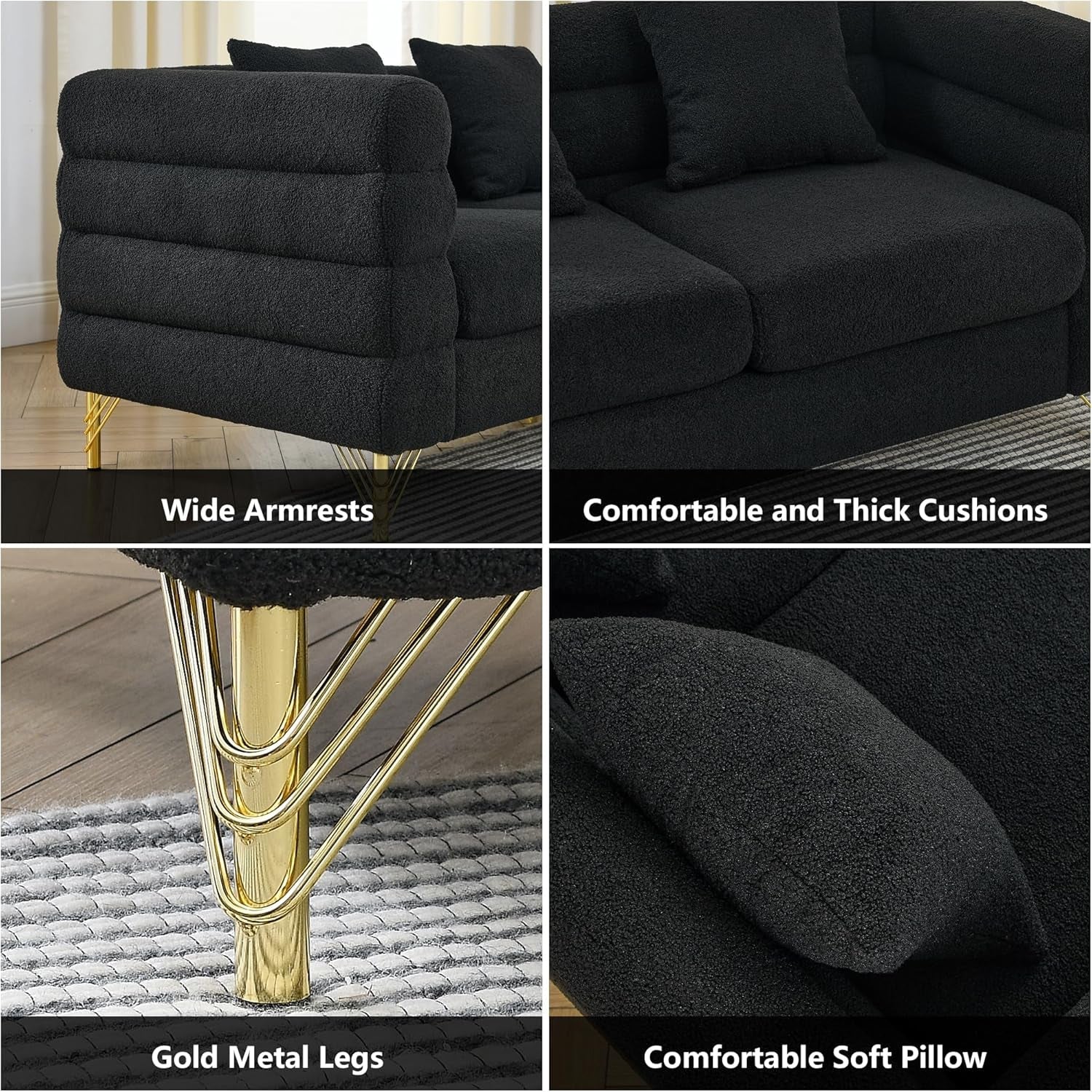 81 Inch Black Teddy Fabric Oversized Corner Sofa L Shaped