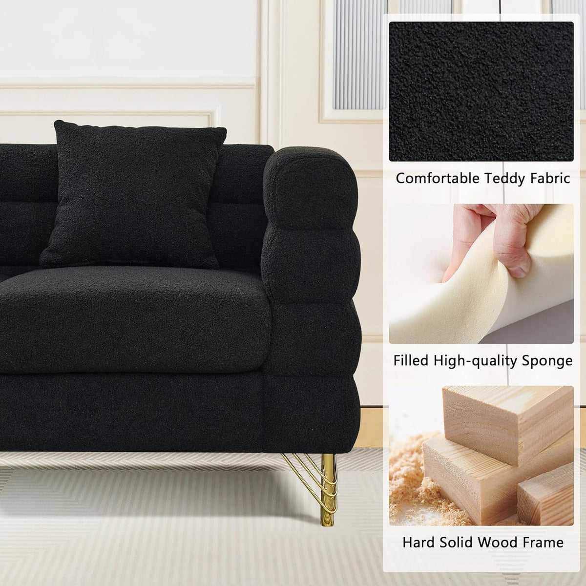 81 Inch Black Teddy Fabric Oversized Corner Sofa L Shaped