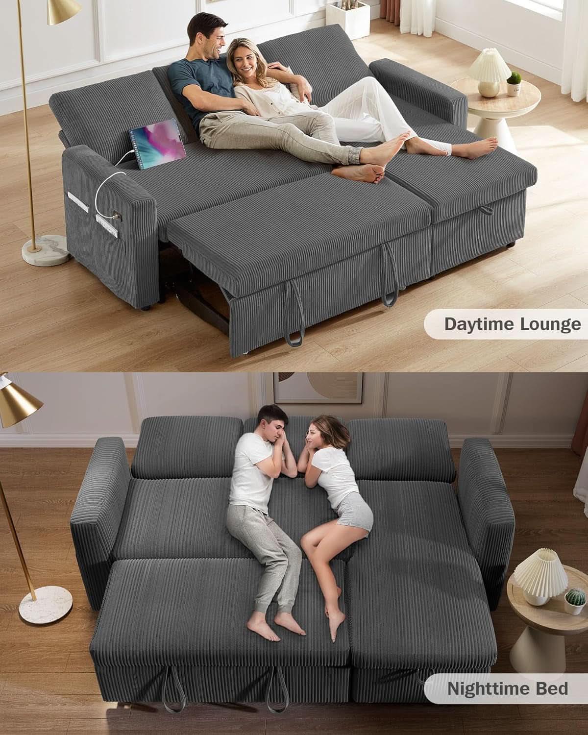 81 Inch Corduroy Velvet GreyTone Sleeper Sofa Pullout