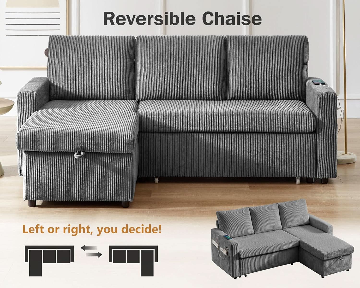 81 Inch Corduroy Velvet GreyTone Sleeper Sofa Pullout