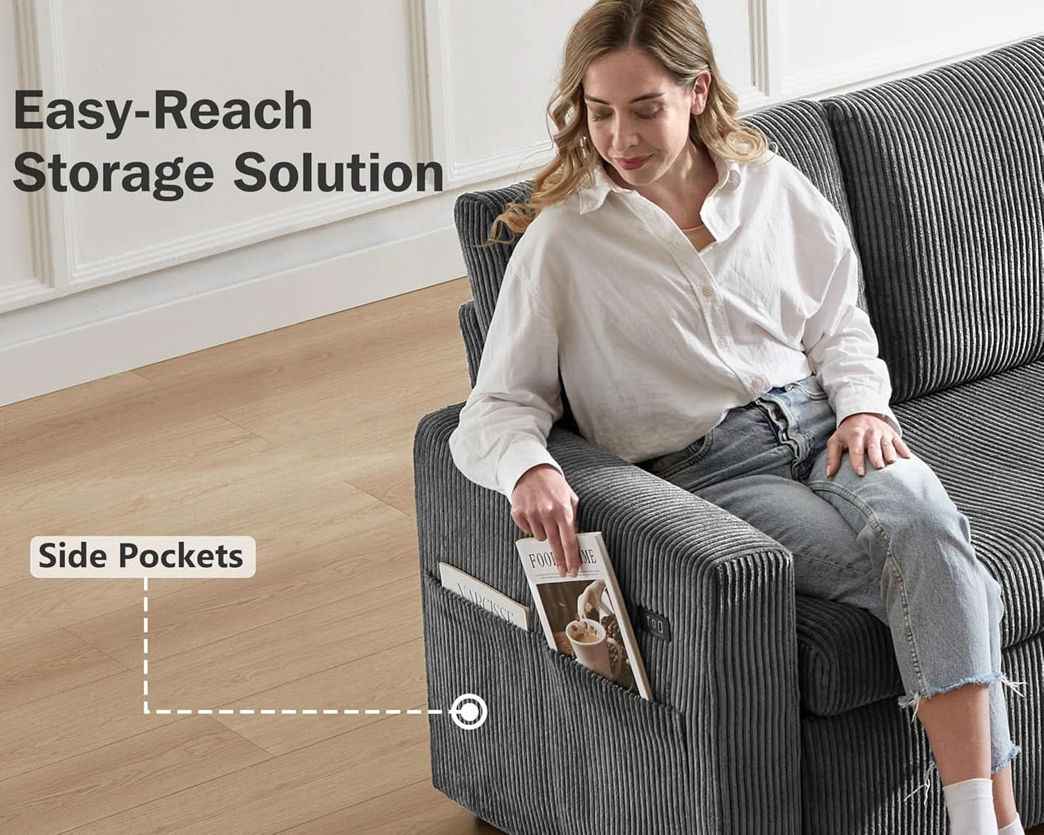 81 Inch Corduroy Velvet GreyTone Sleeper Sofa Pullout