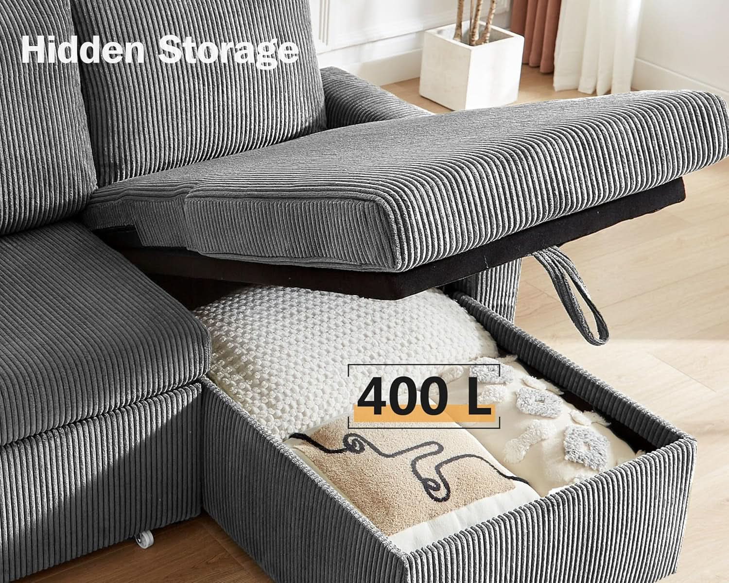 81 Inch Corduroy Velvet GreyTone Sleeper Sofa Pullout