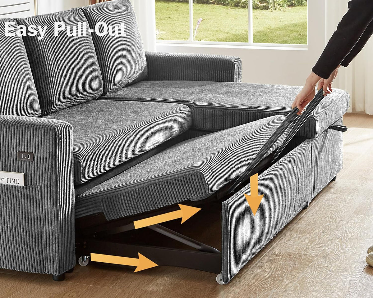 81 Inch Corduroy Velvet GreyTone Sleeper Sofa Pullout