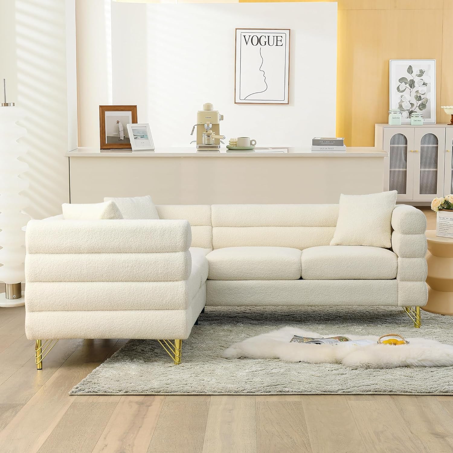81 Inch Oversized White L Shaped Teddy Corner Sofa 5 Seater