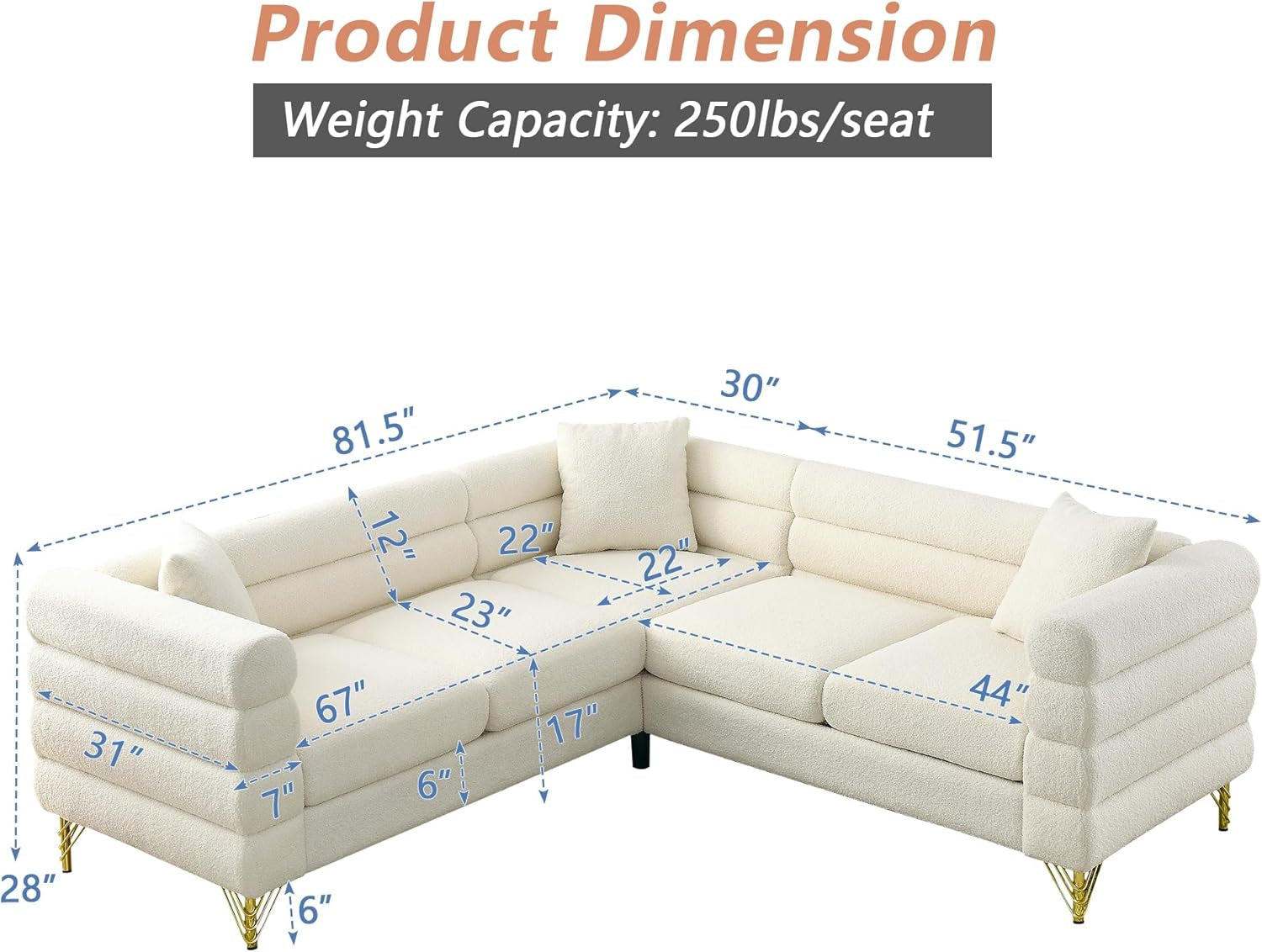 81 Inch Oversized White L Shaped Teddy Corner Sofa 5 Seater