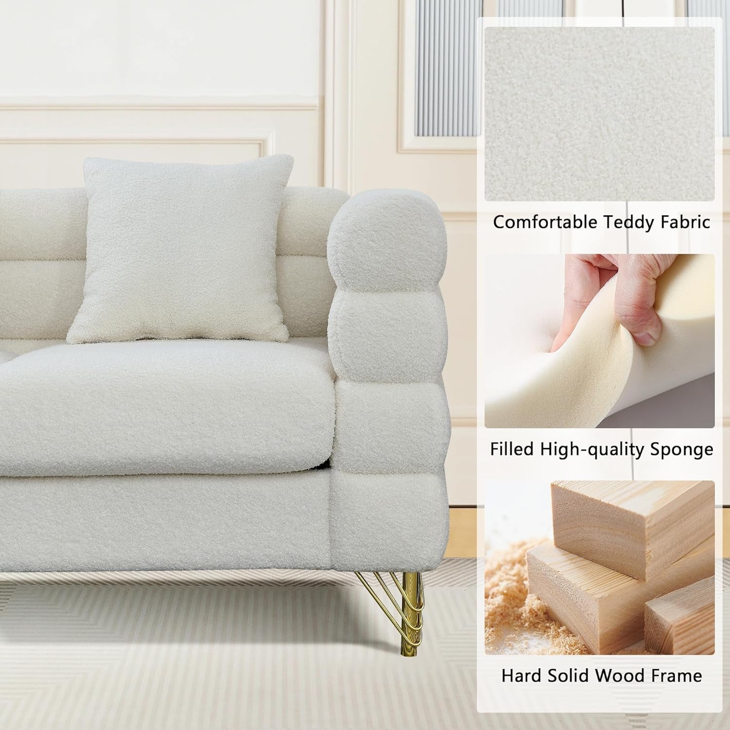 81 Inch Oversized White L Shaped Teddy Corner Sofa 5 Seater
