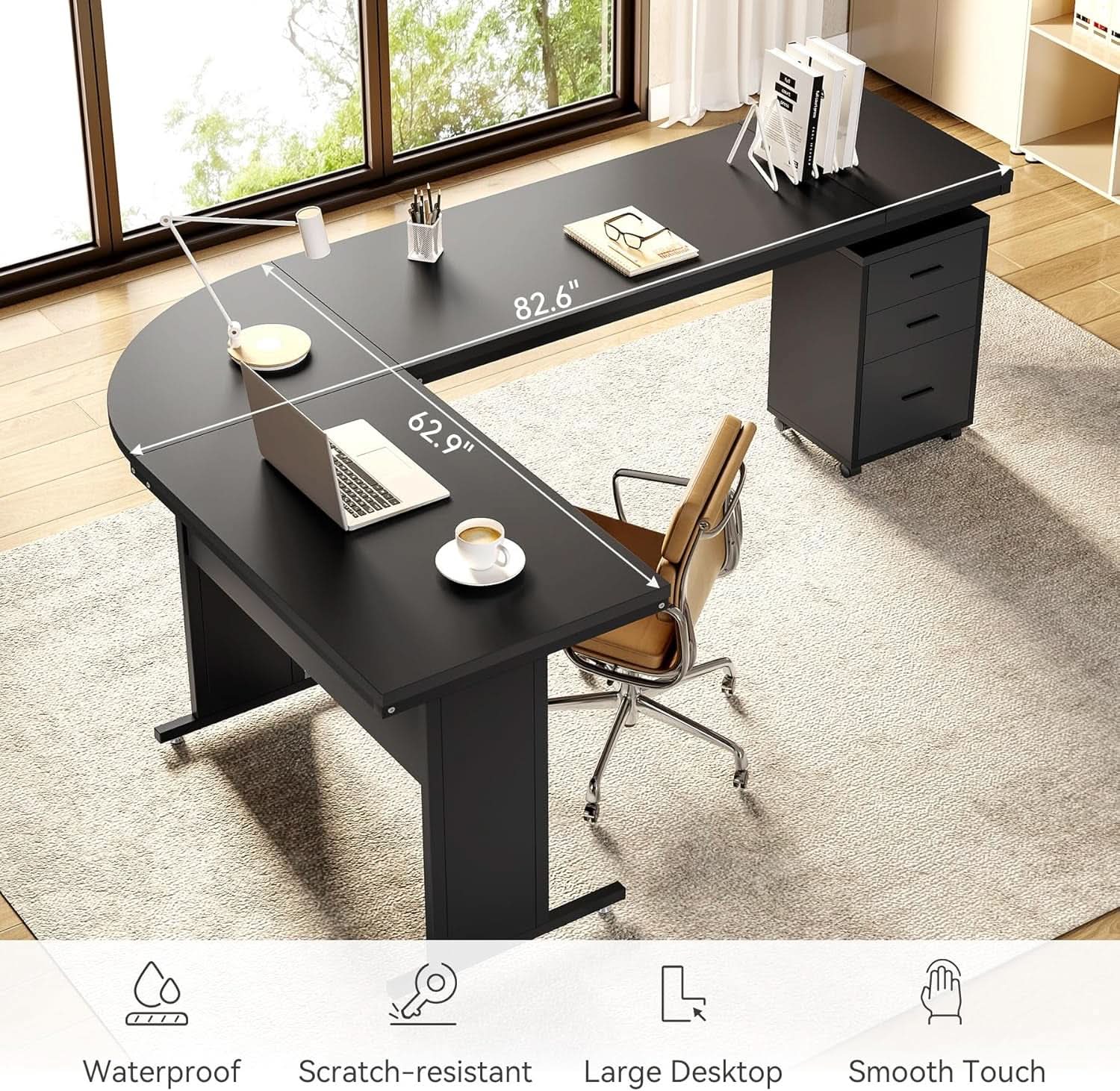 83 Inch L Shaped Desk With 3 Drawer File Cabinet Office
