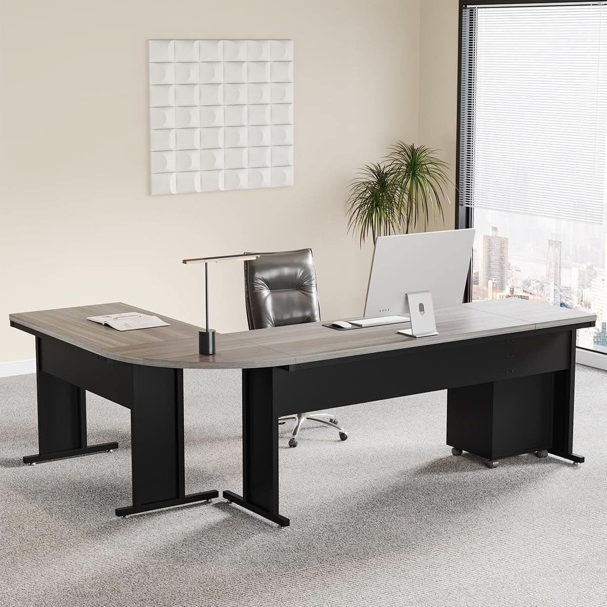 83 Inch L Shaped Desk With Gray Three Drawer File Cabinet