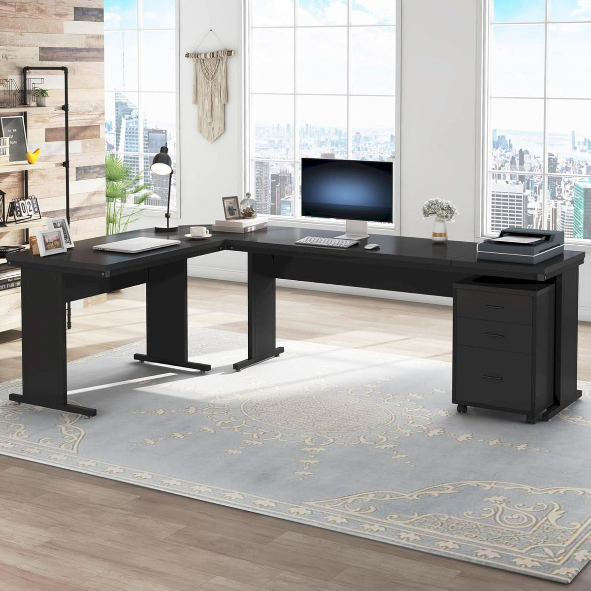 83 Inch L Shaped Executive Desk With 3 Drawer Cabinet