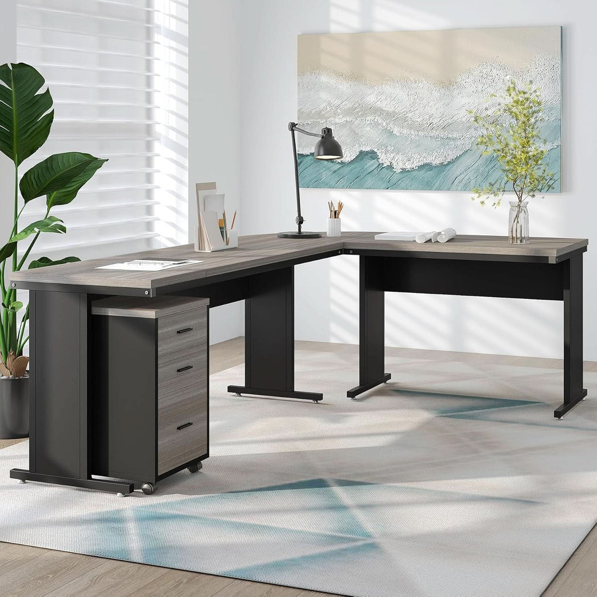 83 Inch L Shaped Office Desk Gray Executive Desk Large