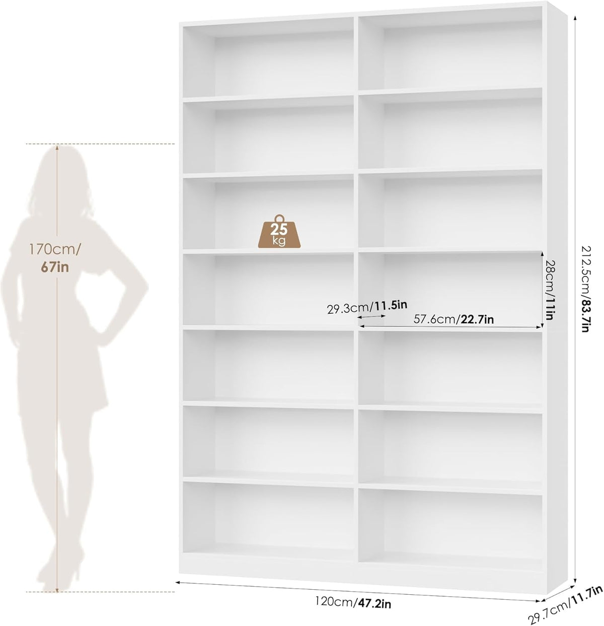 83 Inch Tall White Dual Row Seven Tier Storage Bookshelf