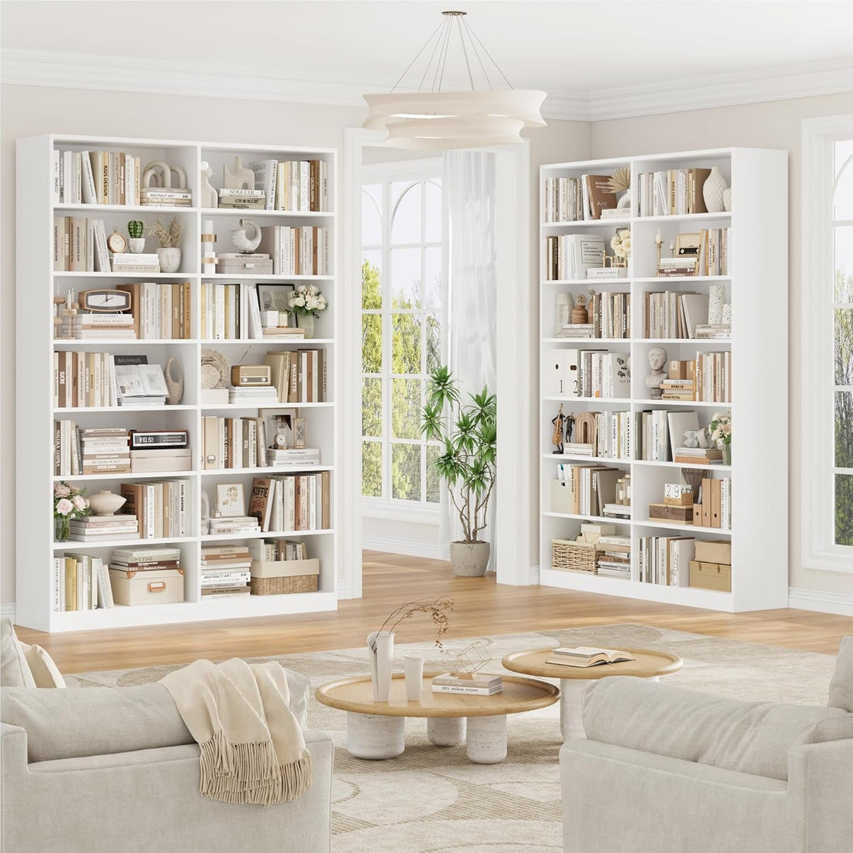 83 Inch Tall White Dual Row Seven Tier Storage Bookshelf