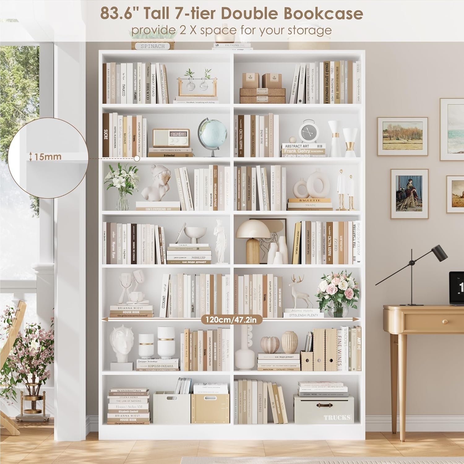83 Inch Tall White Dual Row Seven Tier Storage Bookshelf