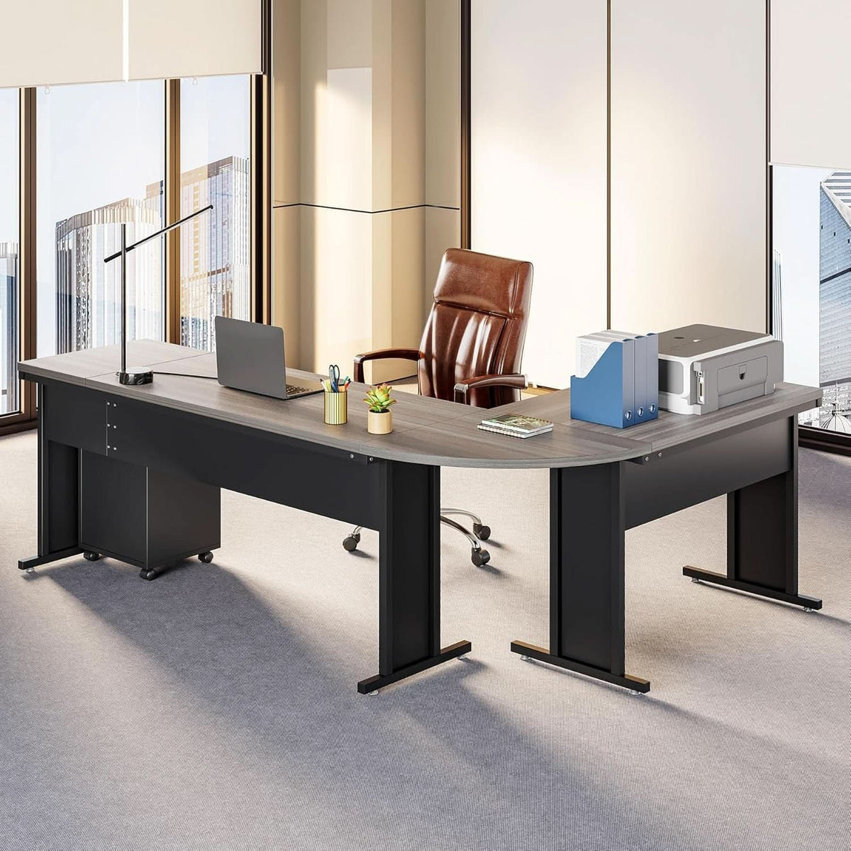 83in Gray Farmhouse L Shaped Desk With Mobile File Cabinet