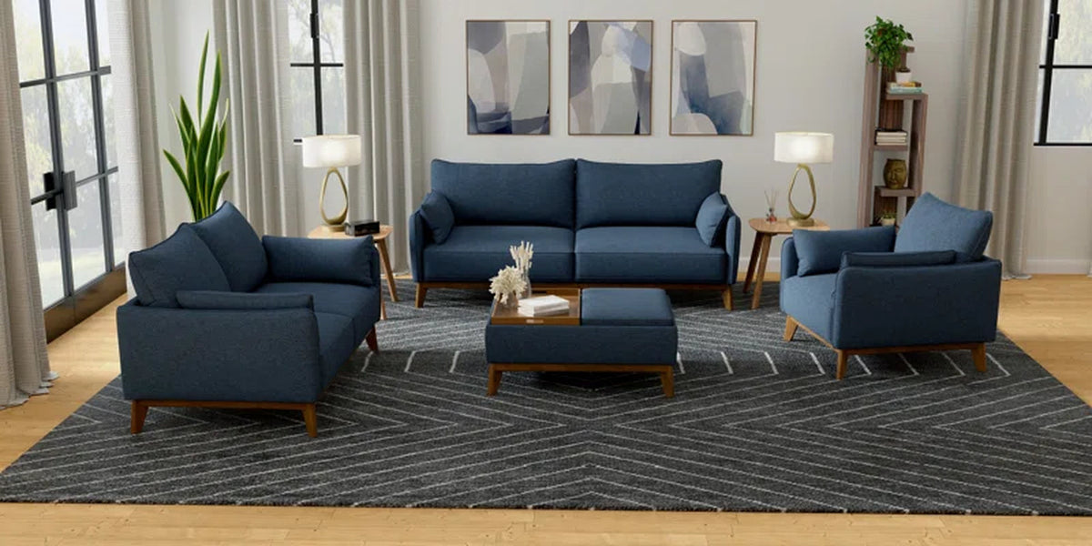 84 Inch Denim Upholstered Sofa With Dark Brown Wood Legs
