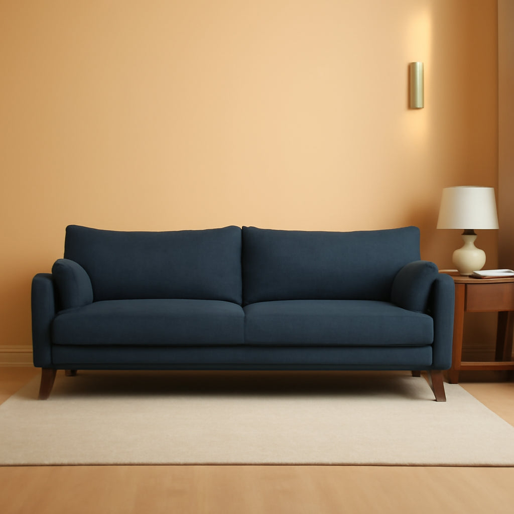 84 Inch Denim Upholstered Sofa With Dark Brown Wood Legs