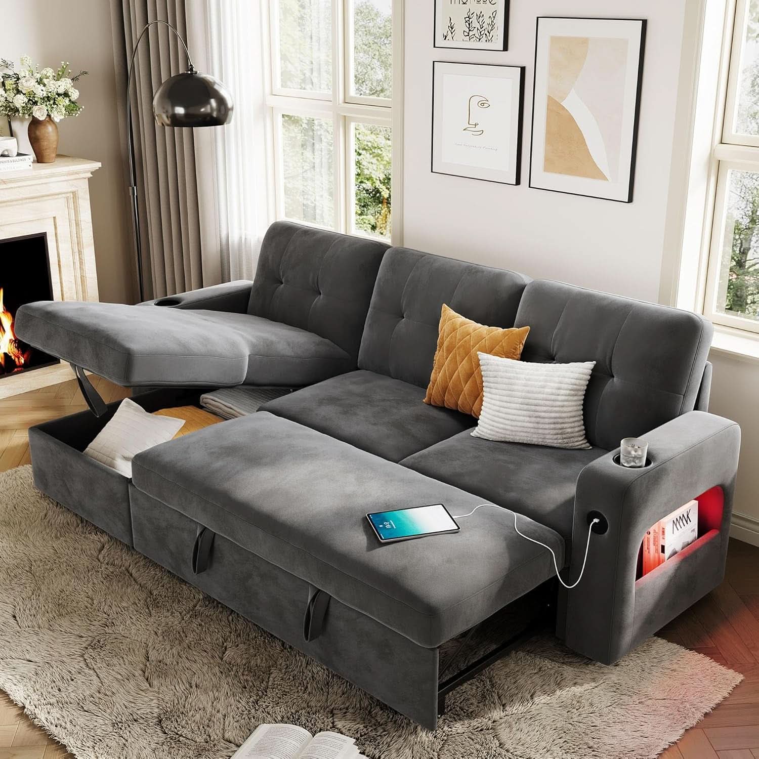 84 Inch Sleeper Sofa Bed Dark Grey Velvet With LED Storage