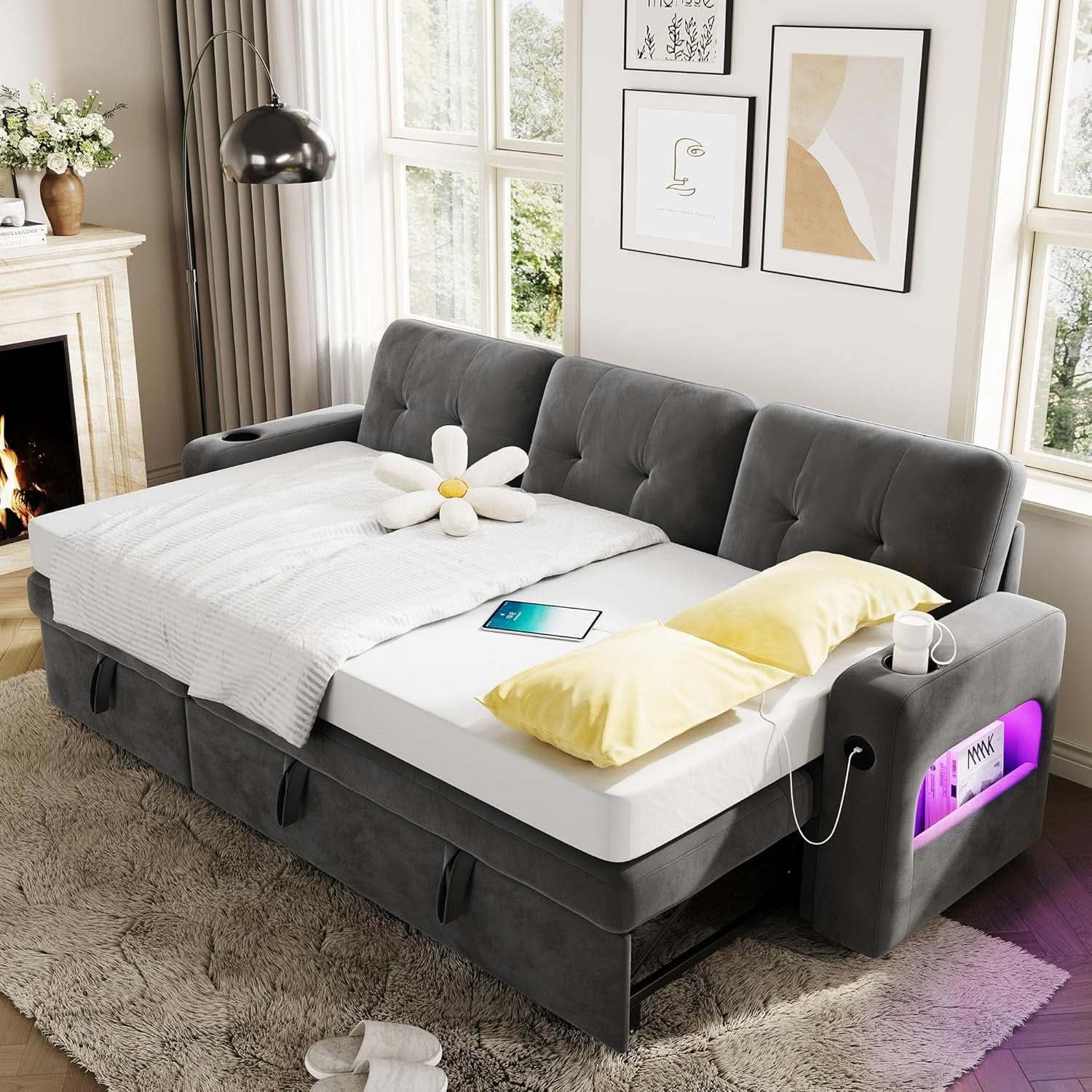 84 Inch Sleeper Sofa Bed Dark Grey Velvet With LED Storage
