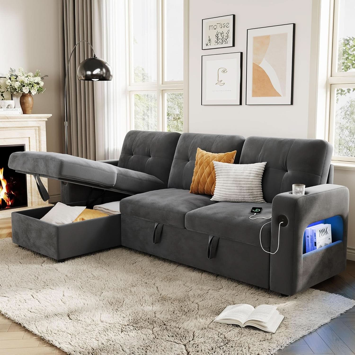 84 Inch Sleeper Sofa Bed Dark Grey Velvet With LED Storage