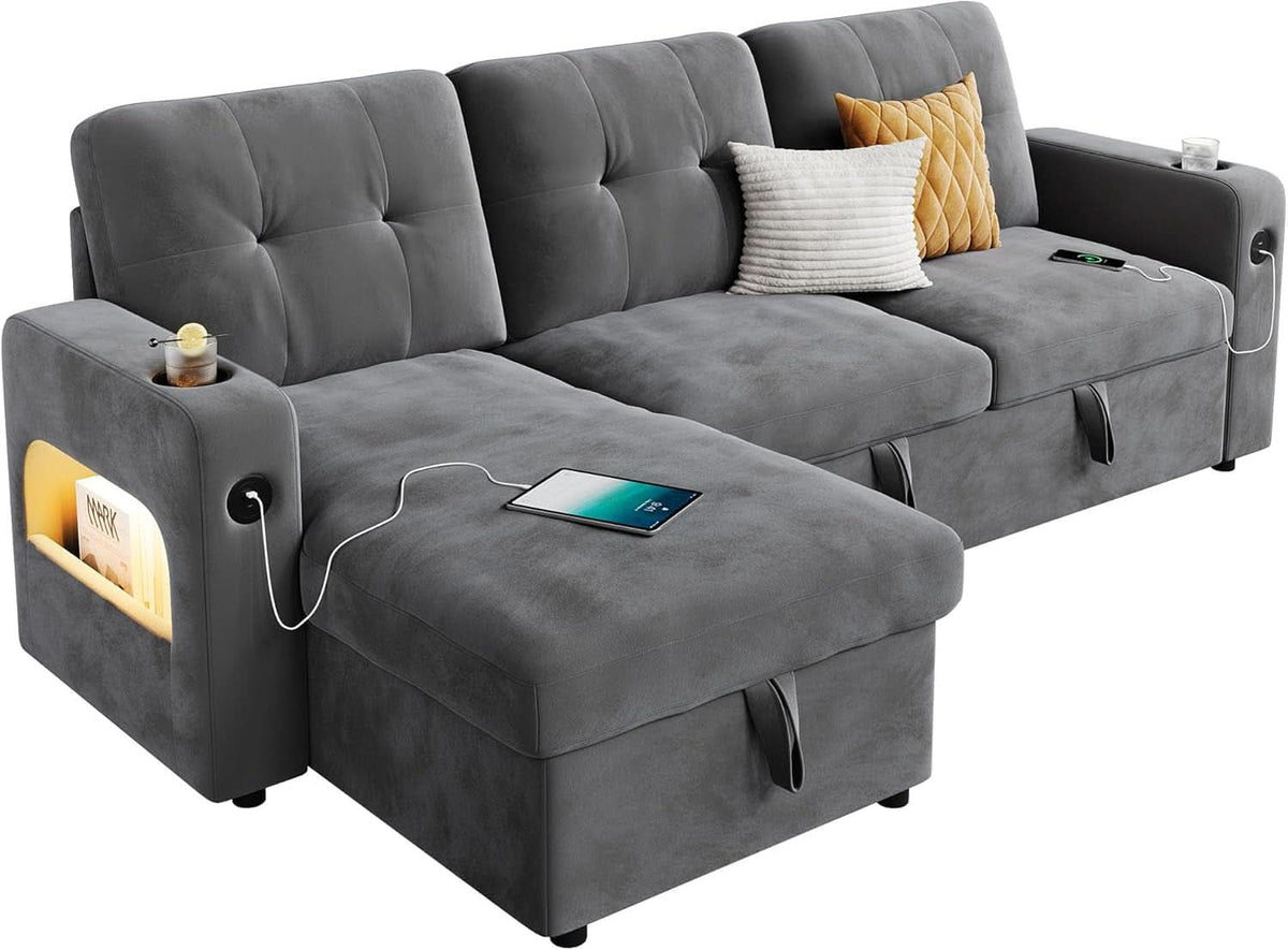 84 Inch Sleeper Sofa Bed Dark Grey Velvet With LED Storage