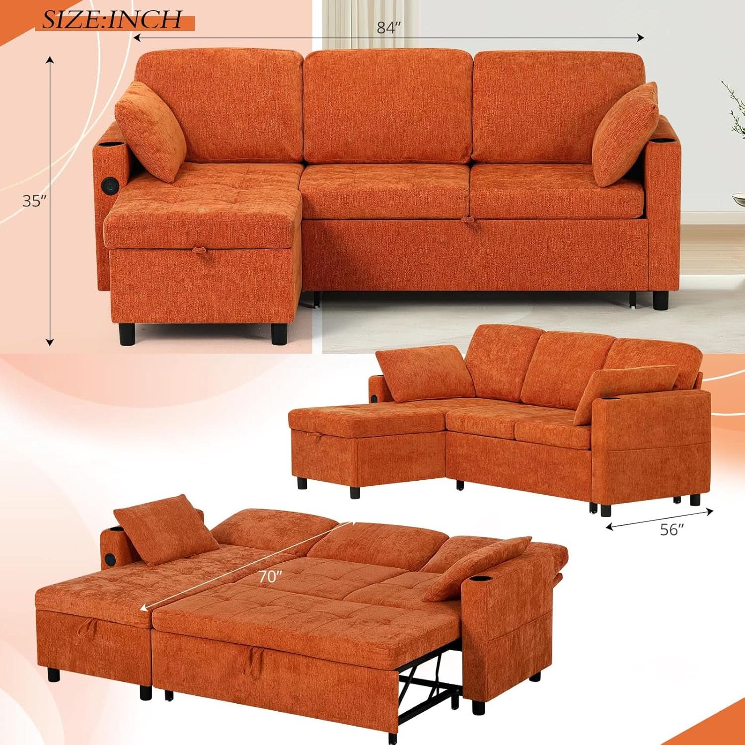 84Inches BrightOrange Chenille Pullout Sofa Bed USBPort