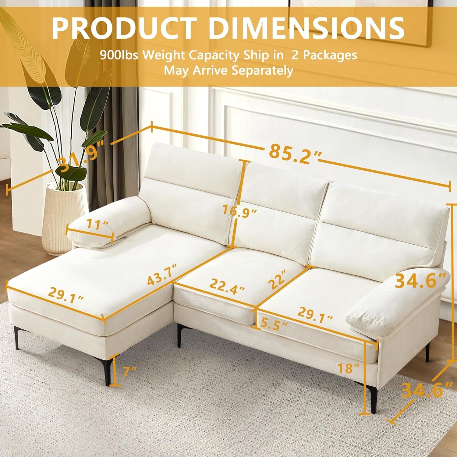 85 Inch Convertible Sectional Sofa Couch With Reversible Chaise Beige