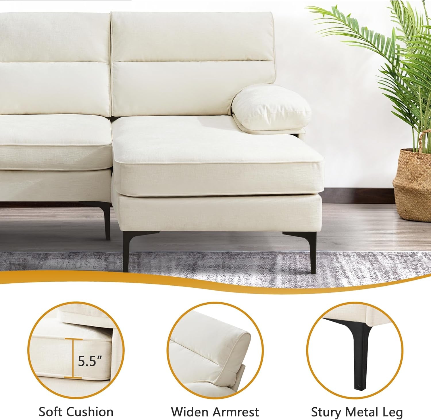 85 Inch Convertible Sectional Sofa Couch With Reversible Chaise Beige