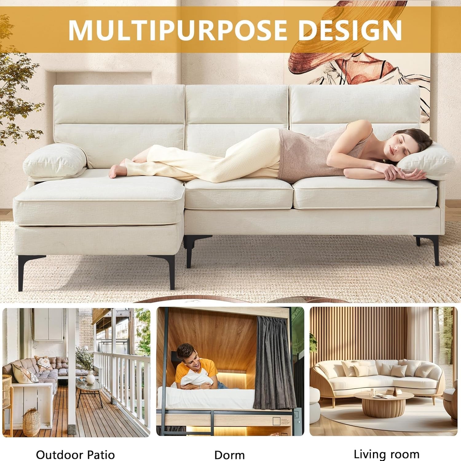 85 Inch Convertible Sectional Sofa Couch With Reversible Chaise Beige