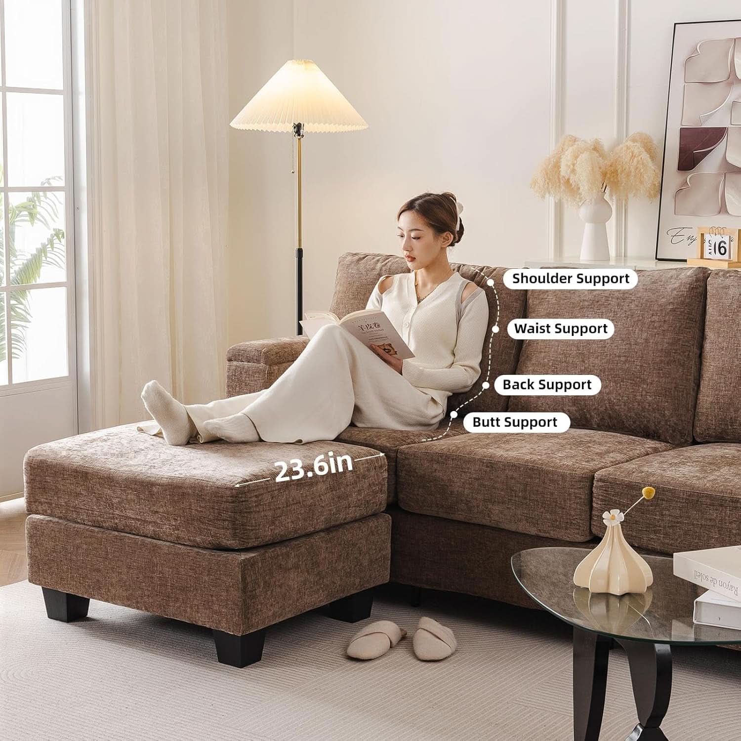 85 Inch L Shaped Couch Armrest Organizer Movable Ottoman
