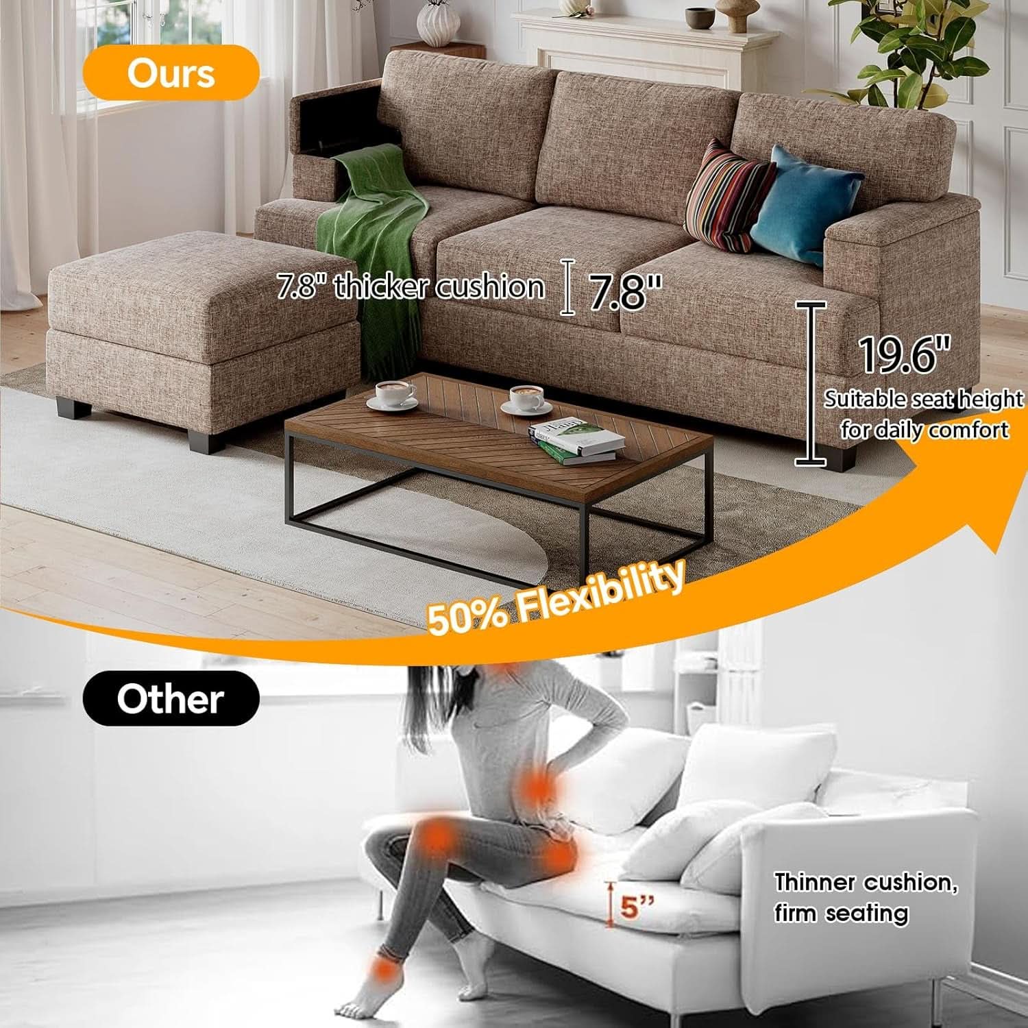 85 Inch L Shaped Couch Armrest Organizer Movable Ottoman