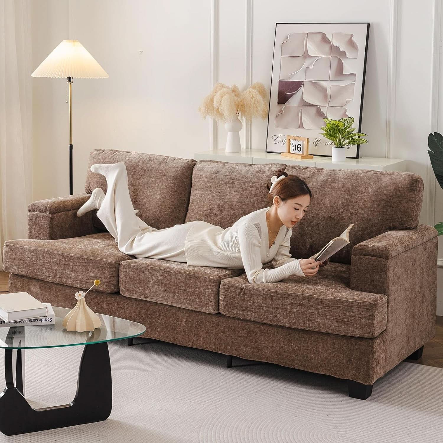 85 Inch L Shaped Couch Armrest Organizer Movable Ottoman
