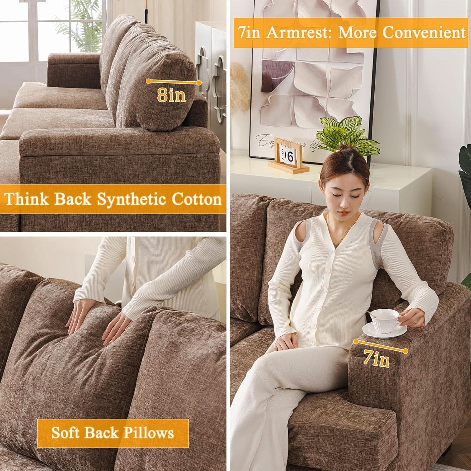 85 Inch L Shaped Couch Armrest Organizer Movable Ottoman