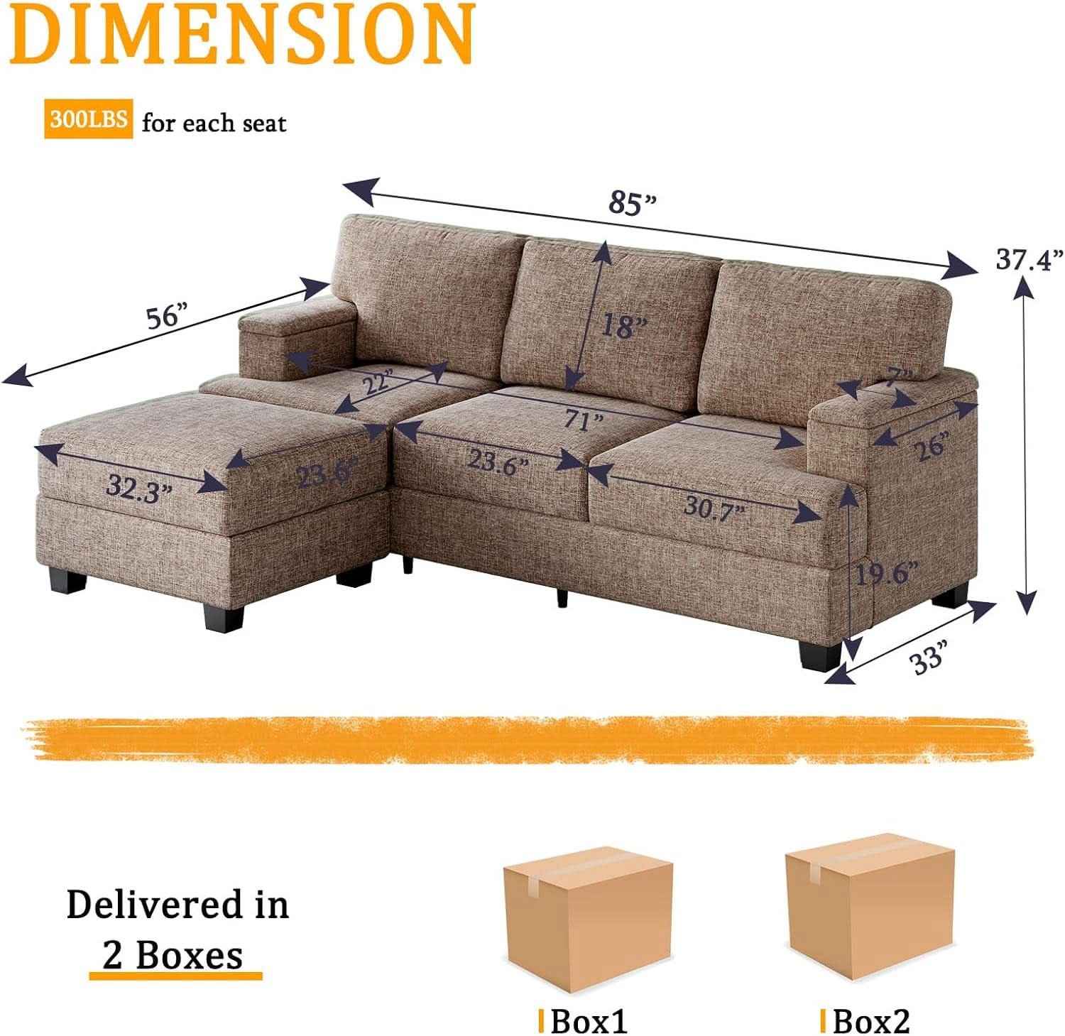 85 Inch L Shaped Couch Armrest Organizer Movable Ottoman