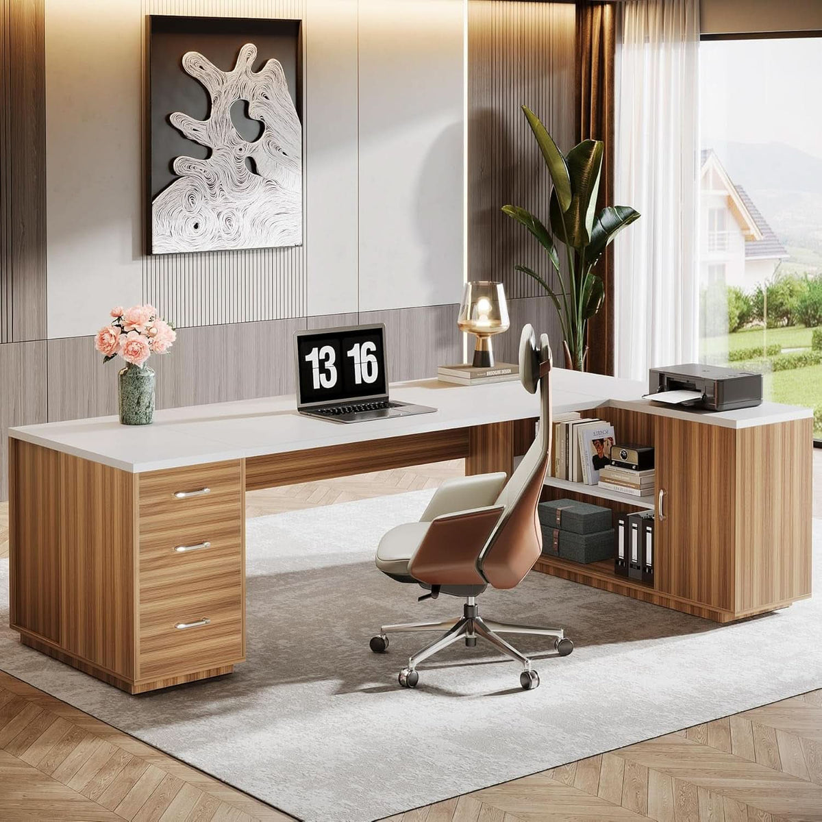 85 Point 8 Inch L-Shaped Executive Desk White Walnut Storage Cabinet