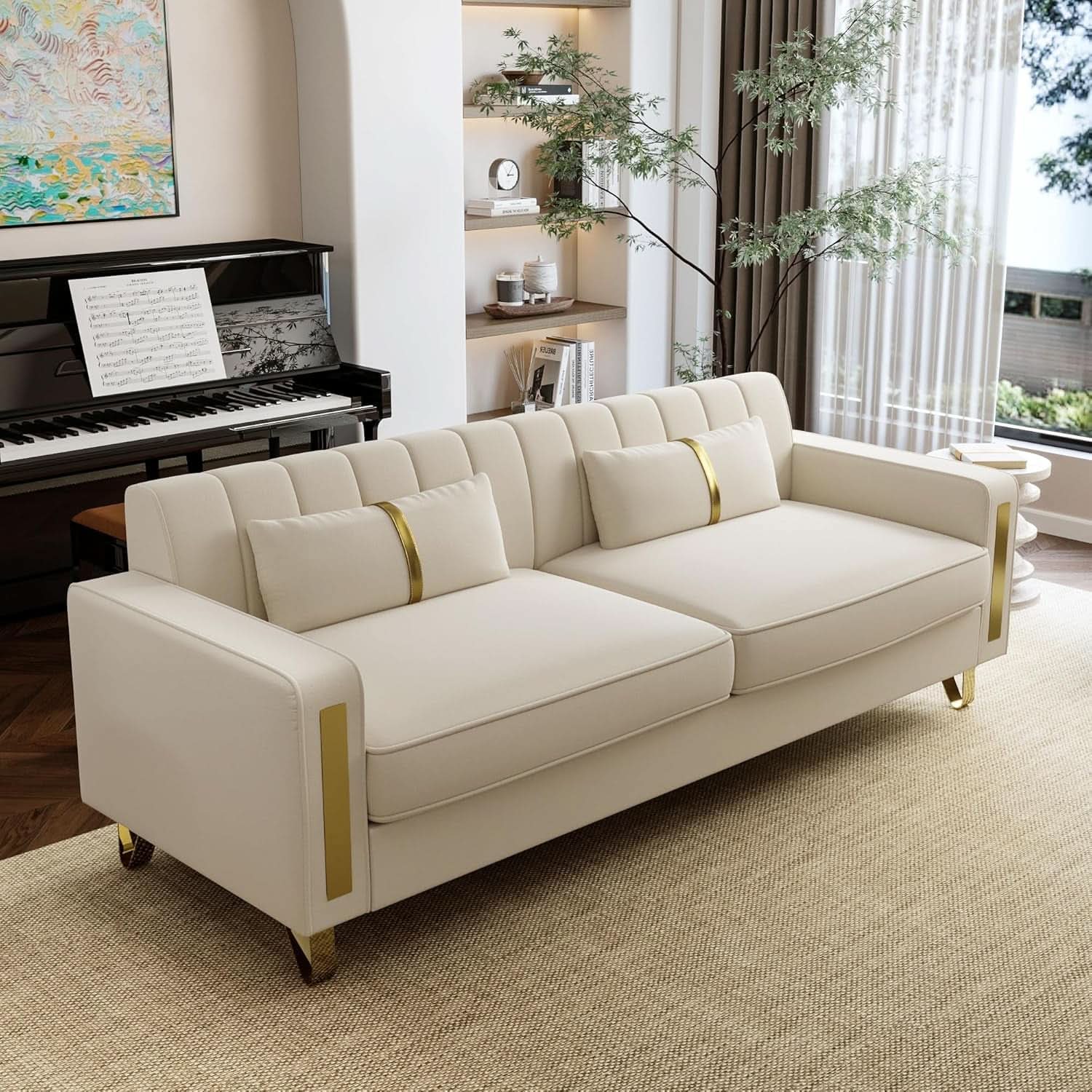 86 Inch Beige Velvet Loveseat With Gold Metal Legs Modern