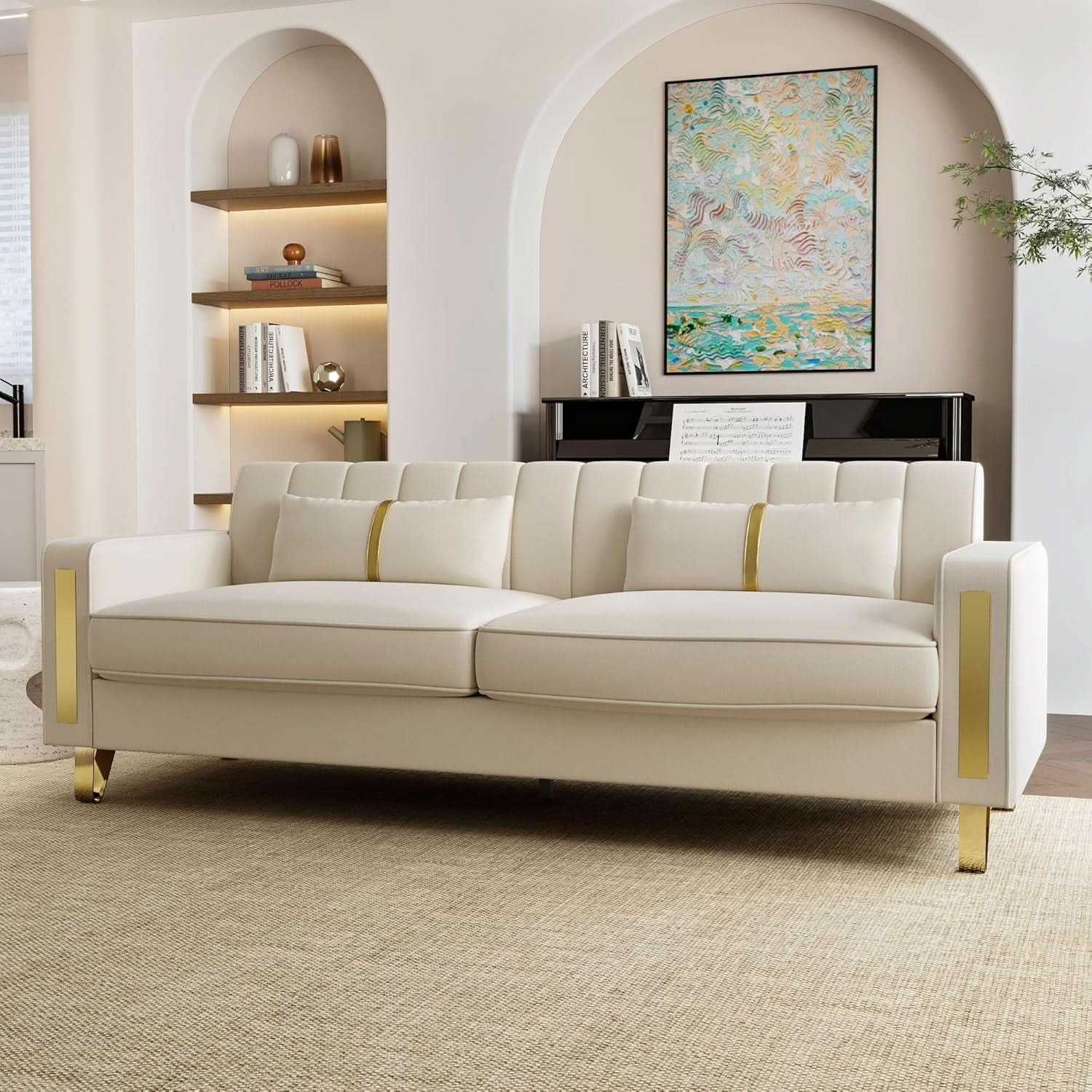 86 Inch Beige Velvet Loveseat With Gold Metal Legs Modern