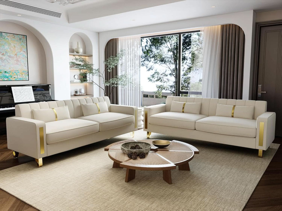 86 Inch Beige Velvet Loveseat With Gold Metal Legs Modern