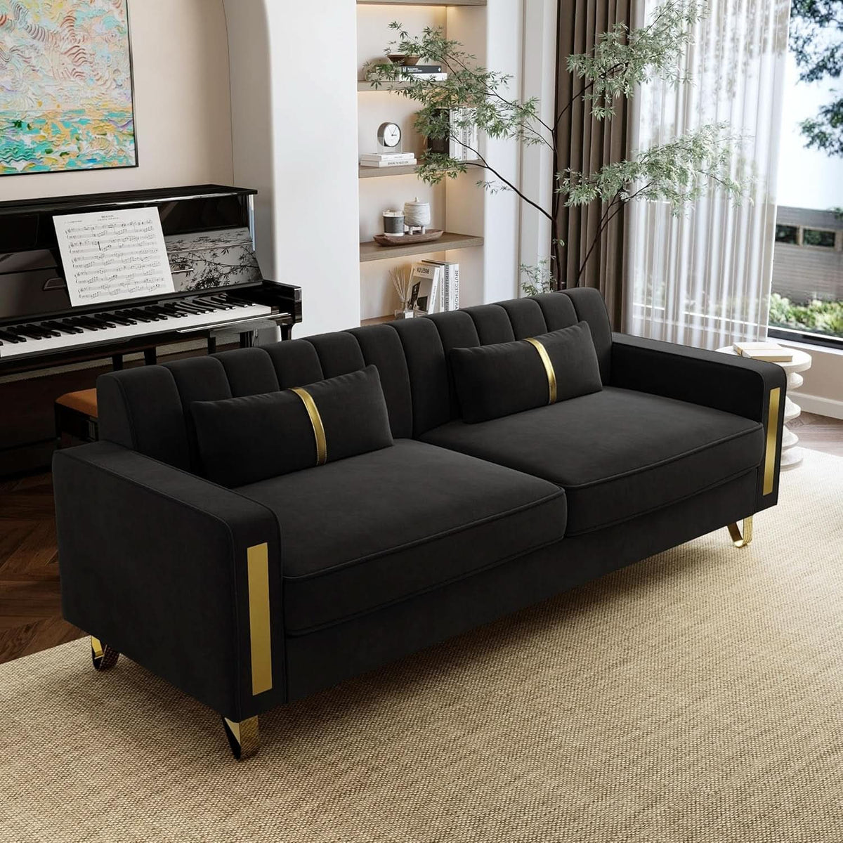 86-Inch Black Velvet Loveseat With Gold Metal Legs For Living Room