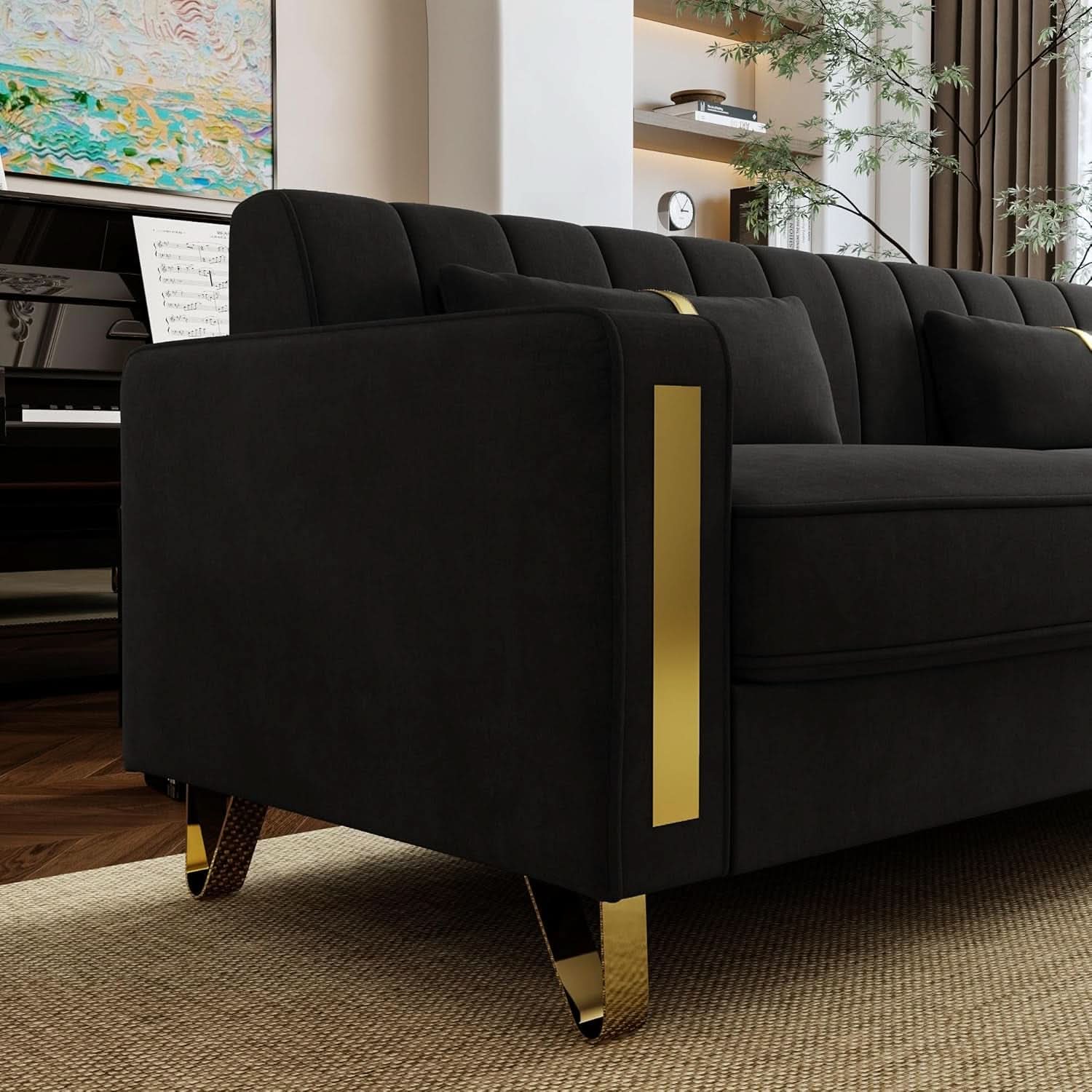 86-Inch Black Velvet Loveseat With Gold Metal Legs For Living Room
