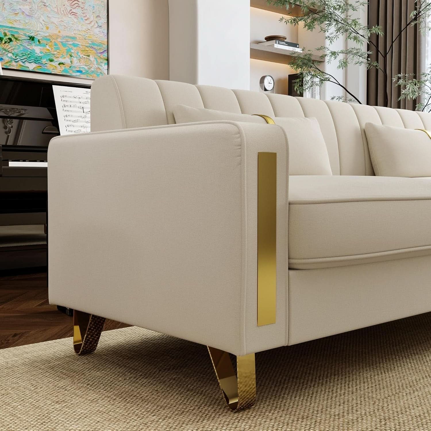 86 Inch Loveseat Sofa Set With Gold Metal Legs Beige Velvet Upholstery For Living Room